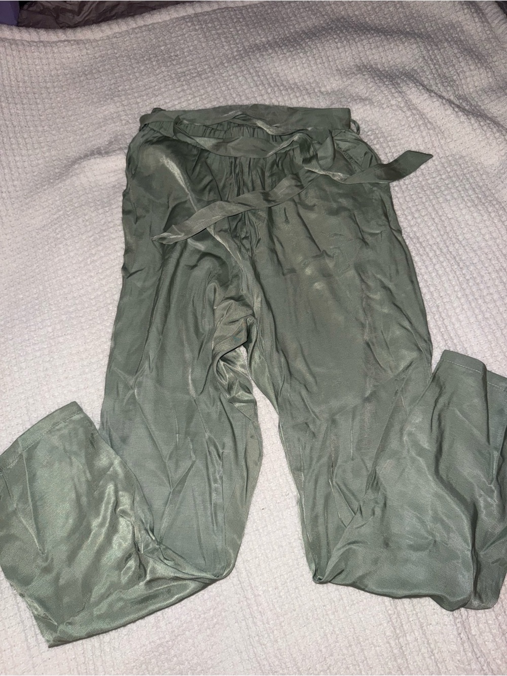 SHEIN Olive Green Satin Wide-Leg Tie-Waist Pants